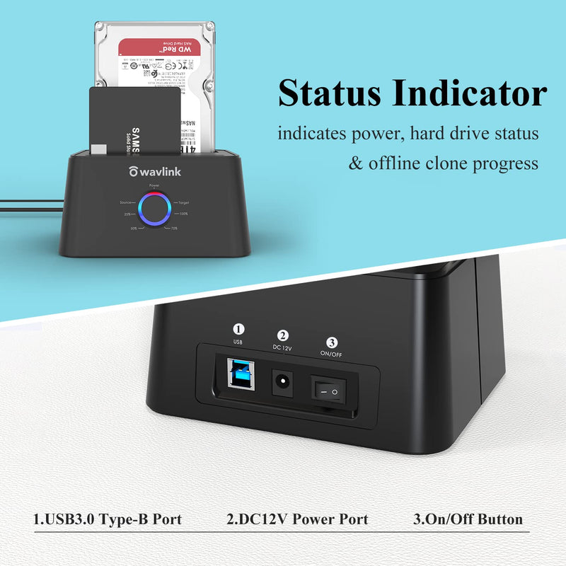 WAVLINK USB 3.0 to SATA I/II/III Dual-Bay External Hard Drive Docking Station for 2.5/3.5 Inch HDD/SSD with UASP (6Gbps), Support Offline Clone Duplicator and Auto Sleep Function [12TB X2 ]-Black SATA HDD Dock