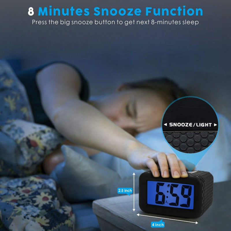 Plumeet Digital Clock - Kids Alarm Clocks with Snooze and Backlight - Simple Travel Clocks Large LCD Display - Ascending Sound and Handheld Sized - Good for Kids (Black) Black