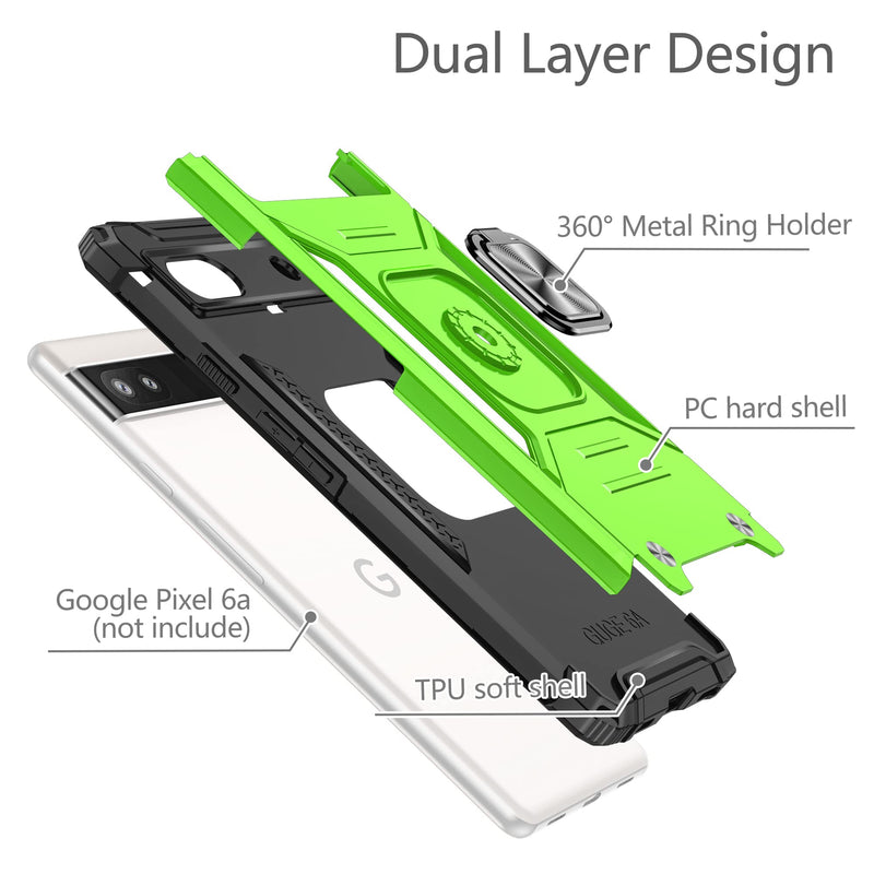 Google Pixel 6a Case, Google Pixel 6A Case with 3 Pcs Tempered Glass Screen Protector, Built in Magnetic Ring Kickstand Military-Grade Hard PC TPU Hybrid Shockproof Aromr Case for Pixel 6a - Green