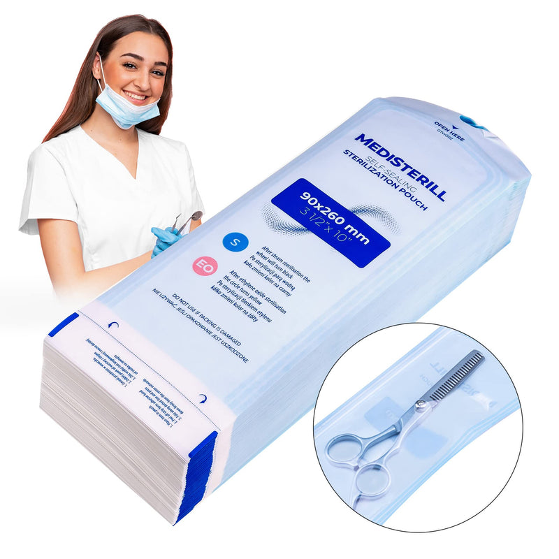 Pack of 200 Self-Sealing Sterilization Bags, PVC Dental Sterilization Bags Self-Sealing Bags Autoclave Sterilizer Bags for Cleaning Tools (9x16.5cm) 90x260