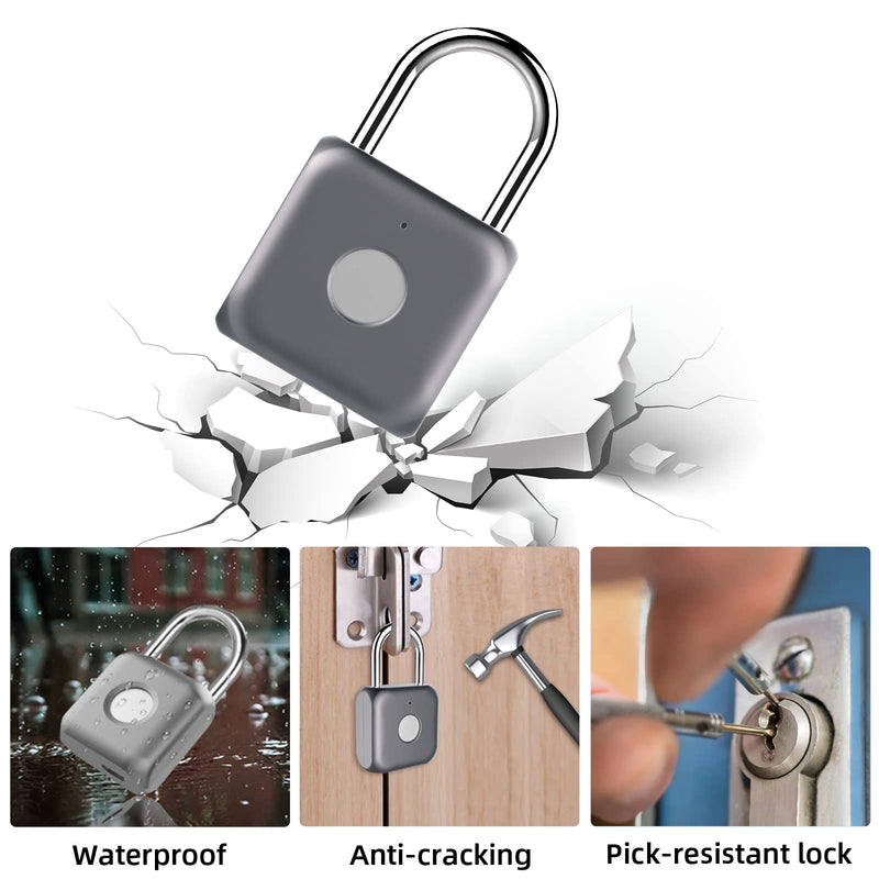 Pothunder Fingerprint Padlock, Smart Padlock, Locker Lock, Biometric Metal Keyless Thumbprint Lock, Waterproof, USB Rechargeable, for Gym Locker, School Locker, Luggage, Backpack, Suitcase(Gray) Gray