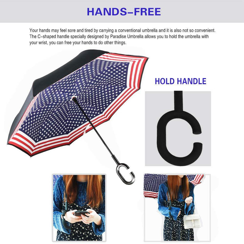 Spar. Saa Double Layer Inverted Umbrella with C-Shaped Handle, Anti-UV Waterproof Windproof Straight Umbrella for Car Rain Outdoor Use American Flag