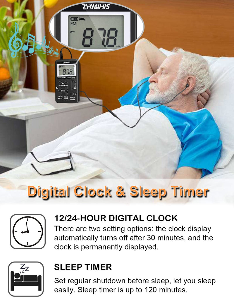 ZHIWHIS Portable Radio, AM FM Receiver with Sleep Timer, Rechargeable Stereo Radios with Digital Clock, DSP Tuner with Preset Function Pocket Walkmen for Walking Travel