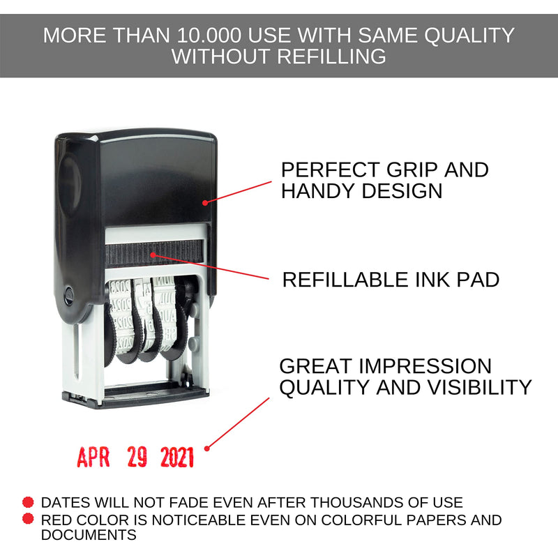 Self Inking Rubber Date Stamp, Refillable and Changeable Ink Pad, Great for Marking Expiration and Due Dates