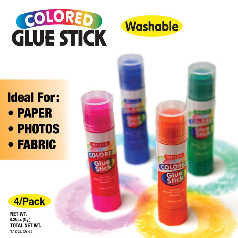 BAZIC Washable Colored Glue Stick 8g/0.28 Oz, All Purpose Acid Glue Sticks for Kids Photos Paper Kids at School Home Office (4/Pack), 1-Pack 4-count (8g / stick)