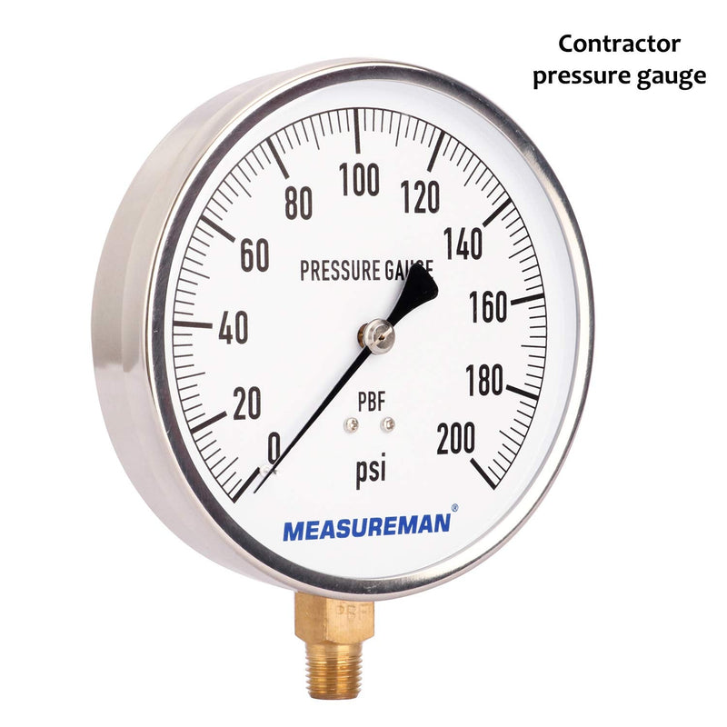 MEASUREMAN 304 Stainless Steel Case, Contractor Pressure Gauge, 0-200Psi, 4-1/2" Dial Size, -1% Accuracy, 1/4" NPT Lower Mount