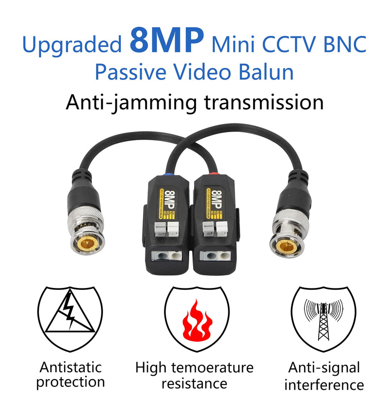 YACSEJAO Video Balun HD-CVI TVI AHD CVBS Passive Connector BNC Video Balun Transceiver Cable for 4K 1080P 960P 720P 8MP 6MP 5MP 4MP 3MP CCTV Security DVR Surveillance Camera System -1 Pair