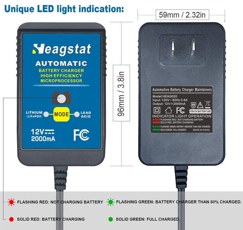 Heagstat Battery Charger, 12V 2-Amp Fully-Automatic Smart Charger, Trickle Charger, Battery Maintainer, for Car Motorcycle Lawn Mower Boat ATV Lead Acid or Lithium(LiFePO4) Batteries 2A 12V Blue