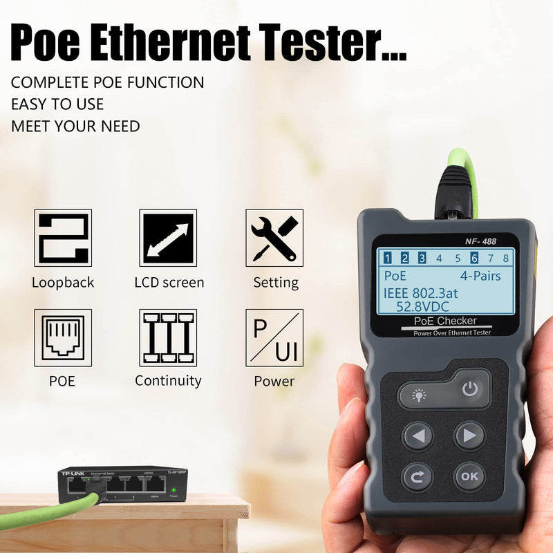 Network RJ45 Tester, VXSCAN POE Ethernet Tester for Power Over Ethernet, Network Cable RJ45 Continuity Checking, DC Power, Switch Loop-Back Test