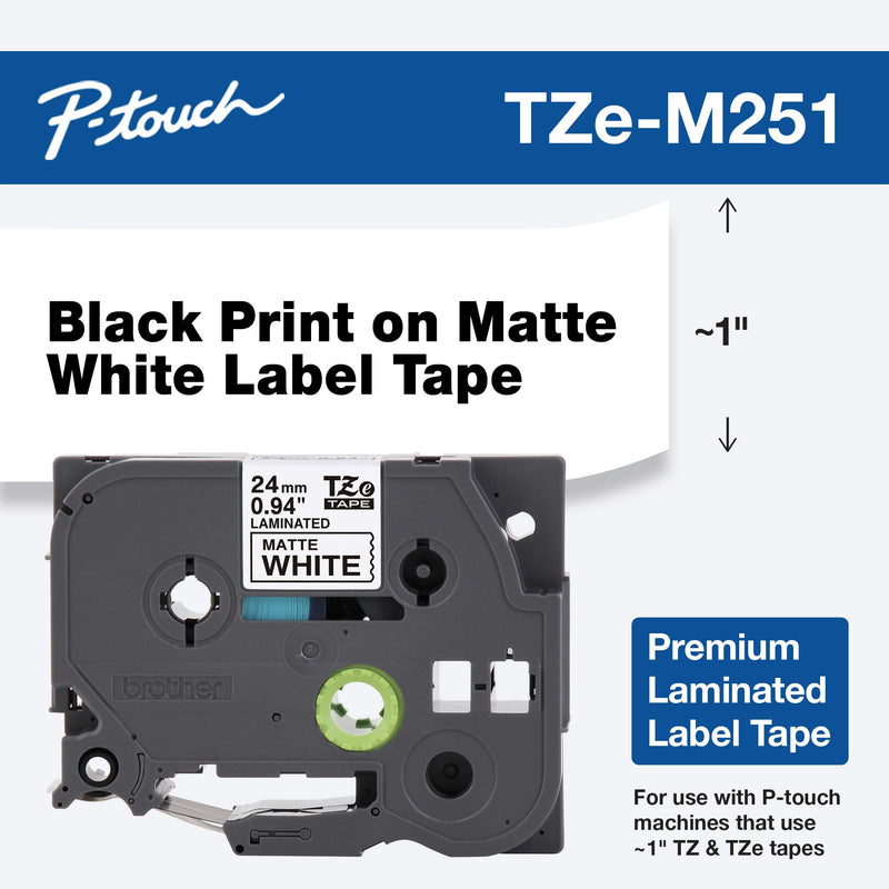 Brother P-touch TZe-M251 Black Print on Premium Matte White Laminated Tape 24mm (0.94”) wide x 8m (26.2’) long