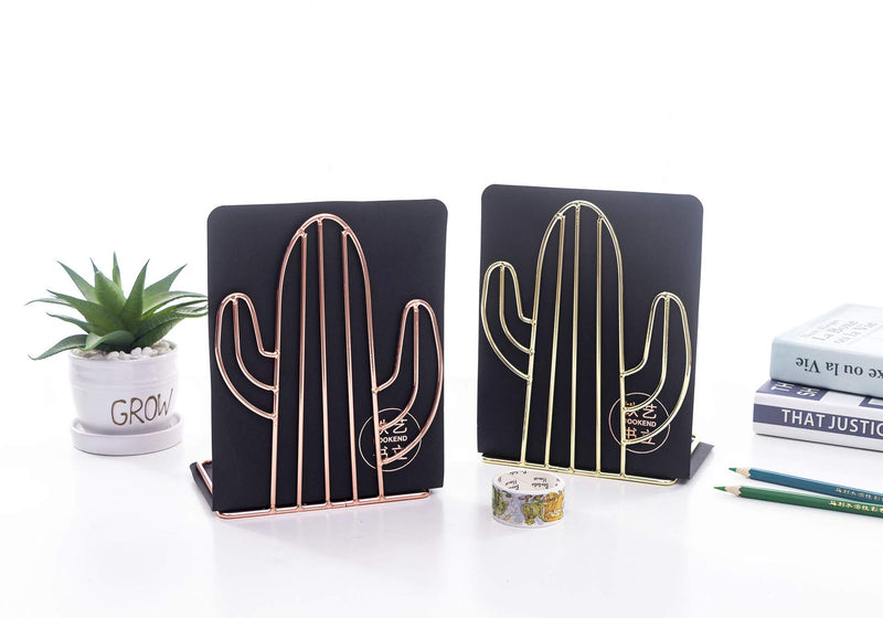 Chris.W 1 Pair Wire Rose Gold Bookends Decorative Metal Book Ends Supports Dividers for Shelves, Unique Cactus Design