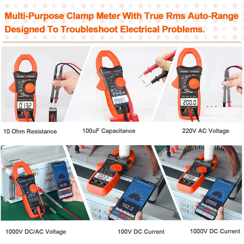 Digital Clamp Meter 570CAPP 4000 Counts Auto-ranging AC DC Volt Current Multimeter for Accurate Measure Voltage,Amp,Resistance,Capacitance,Temperature,Continuity with APP via Bluetooth 1.YF-570C-APP AC DC Current Clamp with BT