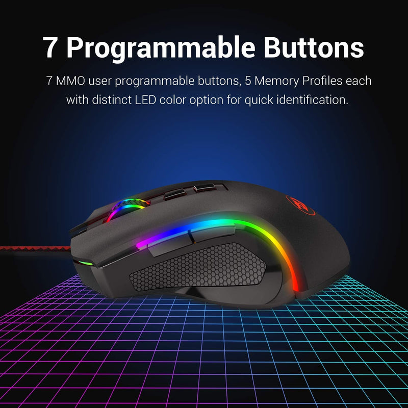 Redragon M602 RGB Wired Gaming Mouse RGB Spectrum Backlit Ergonomic Mouse Griffin Programmable with 7 Backlight Modes up to 7200 DPI for Windows PC Gamers (Black) Black