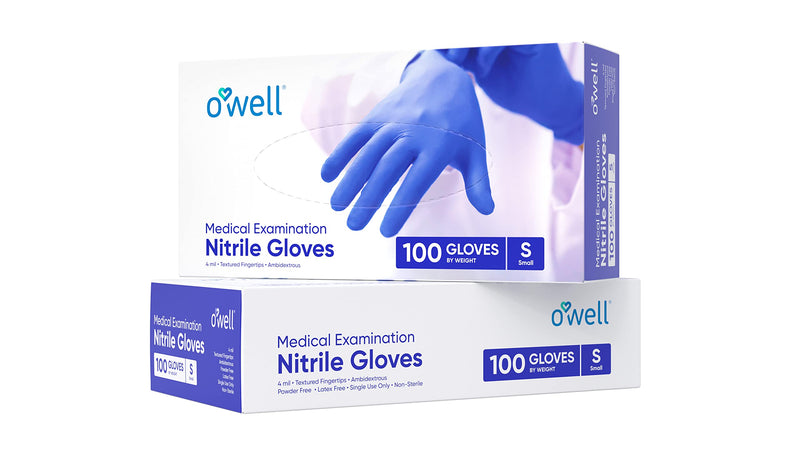 O'WELL Medical Examination Nitrile Gloves | XS-S-M-L-XL | 4mil, Finger Textured, Powder & Latex Free | Medical & Food Grade Large Blue