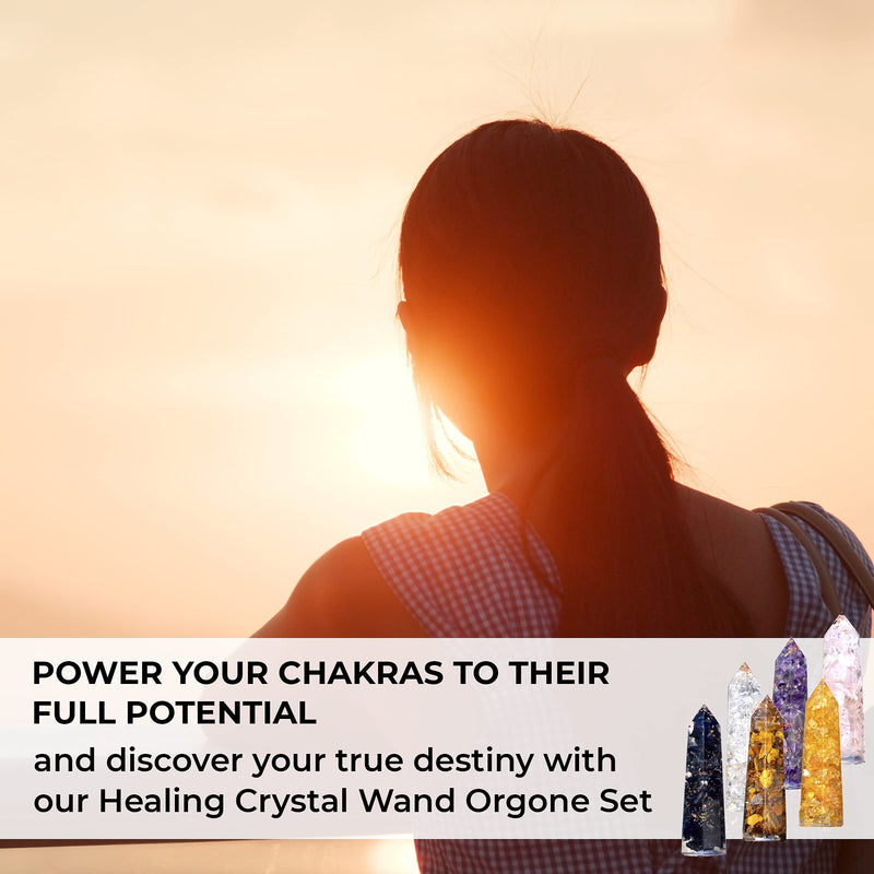 Healing Crystal Wand Set of 6 Orgonite – Includes 3” Amethyst Crystal, Tigers Eye, Rose Quartz, Black Tourmaline Stone, Citrine and Clear Quartz Orgone Crystal Plus Black Tourmaline Necklace