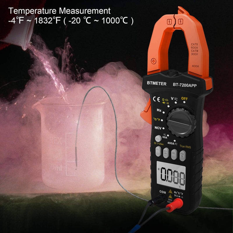 BTMETER BT-7200APP TRMS 6000 Counts Clamp Multimeter, Bluetooth Digital Clamp-on Ammeter for AC/DC Current Voltage Resistance Capacitor Frequency Continuity Temperature NCV
