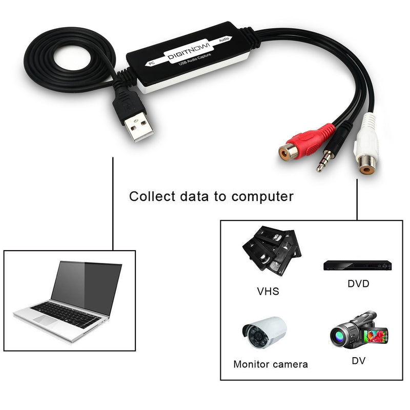 DIGITNOW USB Audio Capture Card Grabber for Vinyl Cassette Tapes to Digital MP3 Converter, Support Mac & Windows 10/8.1/8 / 7 / Vista/XP