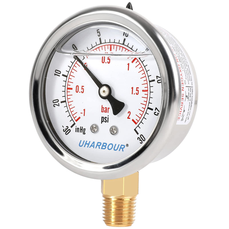 UHARBOUR Glycerin Filled Vacuum Pressure Gauge, 2-1/2" Clear dial,1/4"NPT Bottom Connection, Stainless Steel Case, Brass Movement, Dual Scales -30HG/30PSI （-30HG/30PSI） Lower Mount