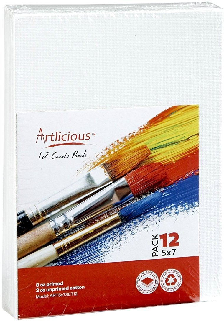 Artlicious Canvas Panels 12 Pack - 5 inch x 7 inch Super Value Pack- Artist Canvas Boards for Painting
