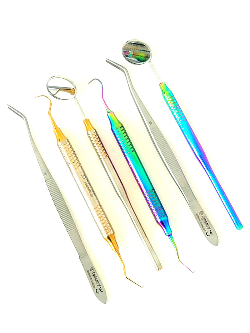 ArTLaB-Premium German 3 Instruments Basic Dental Set- Mirror Explorer College Cotton Plier Hollow Handle -Dental Instruments set of 3 (Gold and Rainbow Set of 6) Gold and Rainbow Set of 6