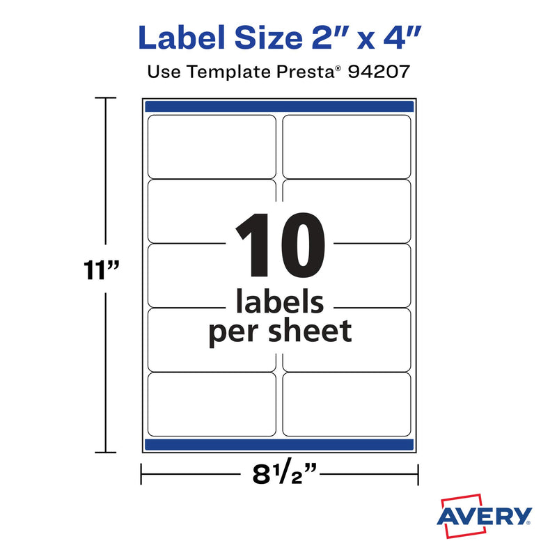 Avery Matte White Rectangle Labels with Sure Feed, 2" x 4", 250 Matte White Printable Labels 250 Labels
