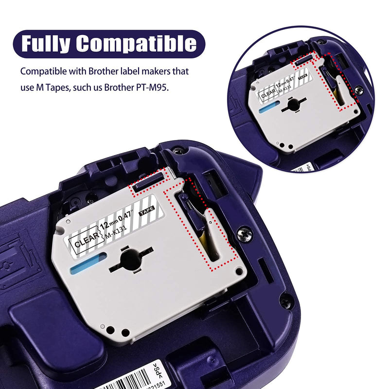 Compatible Label Tape for Brother P Touch Label Maker M Tape MK-131 MK-231 MK-431 MK-531 MK-631 MK-731 Work with Brother PT-M95,PT-90,PT-65,PT-70BM,PT-85, 1/2 Inch x 26.2 Feet (12mm x 8m),6-Pack