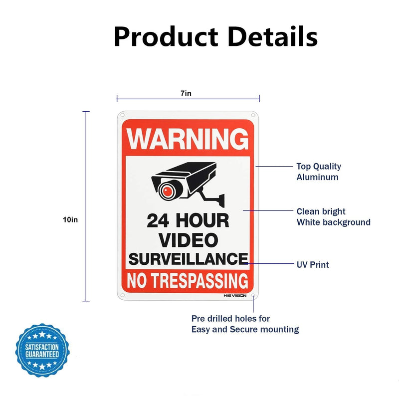 Video Surveillance Sign 4-Pack, HISVISION No Trespassing Metal Reflective Warning Sign,UV Protected & Waterproof, 10"x 7" 0.40 Aluminum Indoor Or Outdoor Use for Home Business CCTV Security Camera 10X7in-4Pack