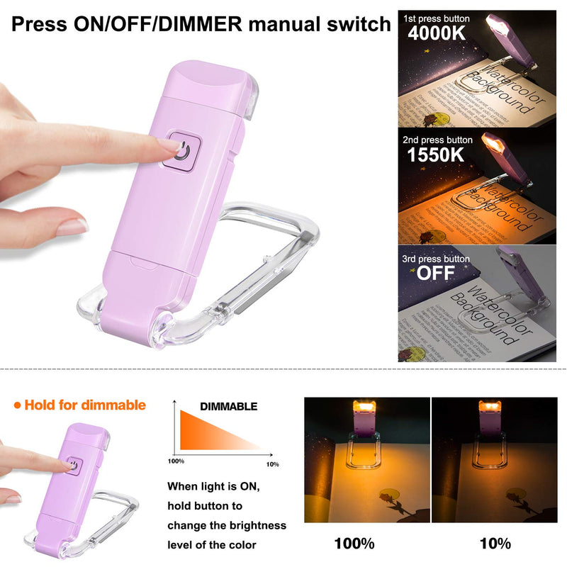 Rechargeable Book Reading Light for Kids,Clip on LED Book Light in Bed,Portable Bookmark Light with Brightness Adjustable for Eye-Protection,Warm White and Amber LEDs Night Reading Light for Bookwarms Violet