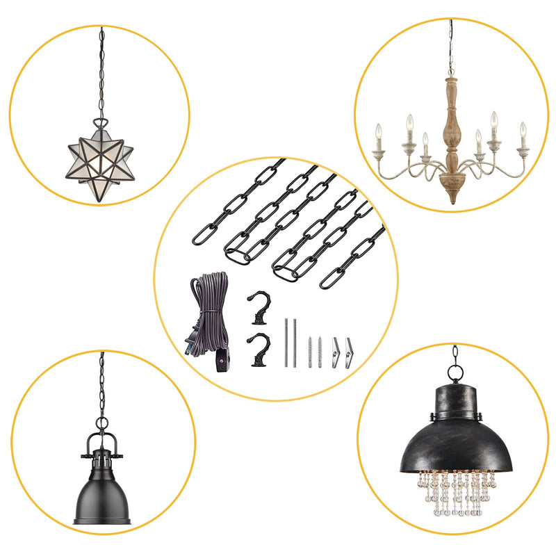 ECUDIS Swag Light Kit, Lamp Parts Chandelier Light Fixture Chain Swag Kit Includes 12 Ft Chain, 15 Ft Cord with Switch, 2 Swag Hooks and Mounting Hardware, Oil Rubbed Bronze Black Finish