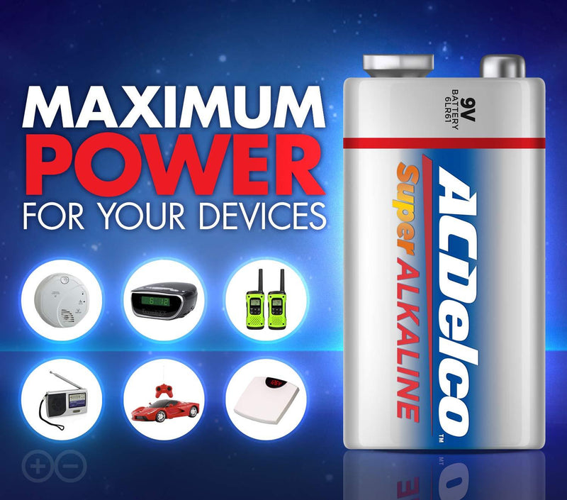 ACDelco 12-Count 9 Volt Batteries, Maximum Power Super Alkaline Battery, 7-Year Shelf Life, Recloseable Packaging