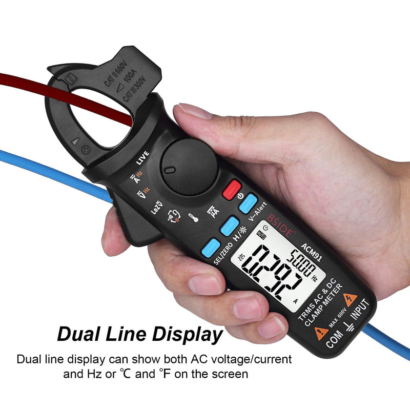 BSIDE ACM91 Digital Clamp Meter 1mA AC/DC Current True RMS Auto-Ranging 6000 Counts Meter Hz Temperature Capacitance Live Check V-Alert Low Impedance Voltage Tester Black