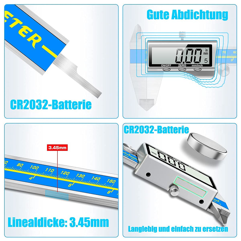 Digital caliper industrial quality Orthland caliper digital caliper 150 mm with large LCD precision caliper gauge depth gauge stainless steel analog IP54 waterproof for indoor outdoor steps brass blue