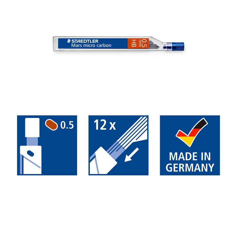 Staedtler Micro Mars Carbon Mechanical Pencil Lead, 0.5mm, HB, 60mm x 12 (250 05 HB)