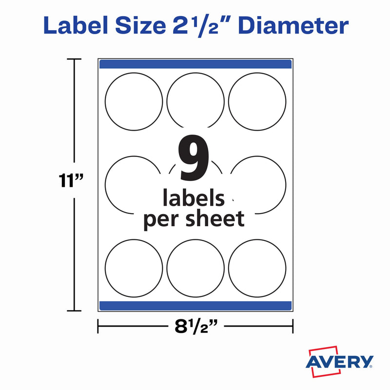 Avery Printable Blank Round Labels, 2.5" Diameter, Matte White, 225 Customizable Labels (22562)
