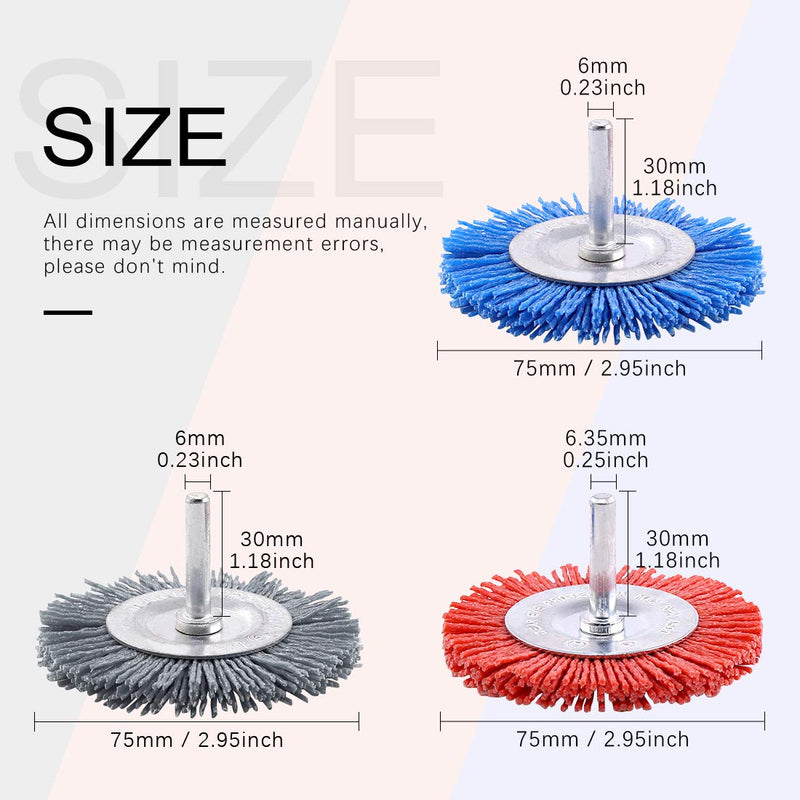 Swpeet 3 pieces 3" 75mm nylon filament abrasive wire cup brush kit with 1/4 inch shaft, including fine medium coarse grit perfect for removing rust, corrosion, S665, round wheel brush