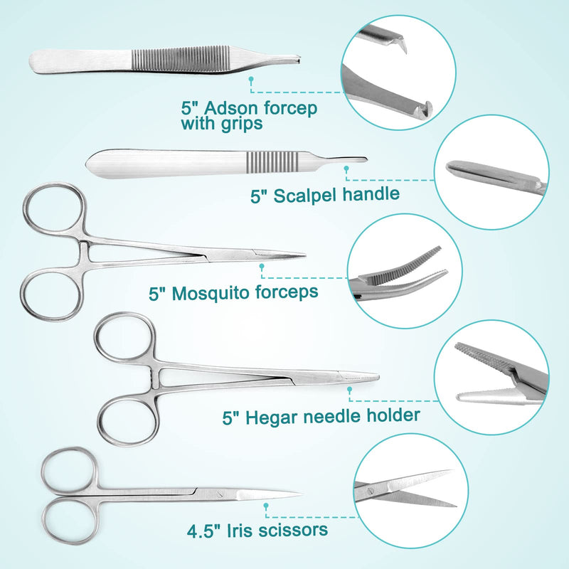 Ultrassist Suture Tool Kit Includes: Scissors, Adson Forceps, Needle Driver, Mosquito Forceps, Scalpel Handle; Complete Suture Instrument Kit for Educational Training - Green Green bag