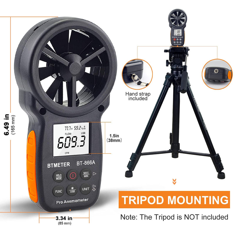 BTMETER BT-866A Pro Handheld HVAC Anemometer for CFM Air Flow, Wind Speed Meter Gauge Measures Wind Velocity Temp %RH Dew Point with USB Sync to PC BT-866A Anemometer