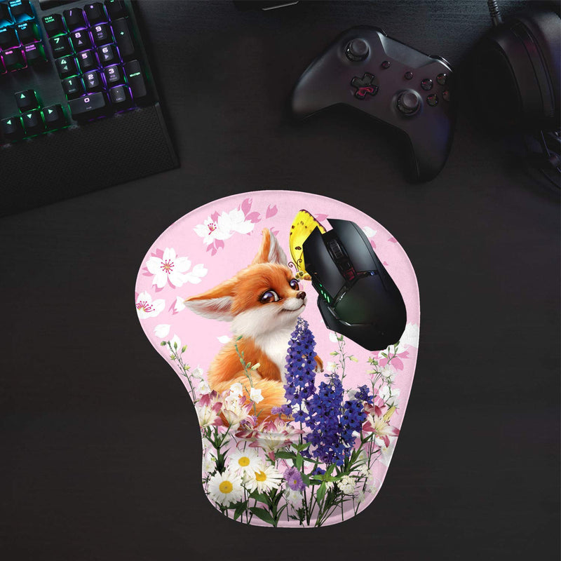 2 Pack Gaming Mouse Pad and Coaster, Ergonomic Mouse Pad with Wrist Support Gel, Non-Slip PU Base, Easy Typing Pain Relief Effect, Suitable for Office and Home (Flower Cute Little Fox and Butterfly) Flower Cute Little Fox and Butterfly