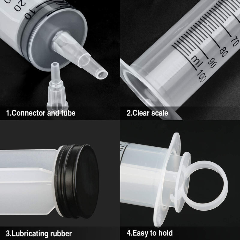 Pack of 2 syringes 100 ml plastic syringe with hose dosing syringe with adapter syringe for motor oil, garden, liquid, animal feeding (2 pieces 100 ml)