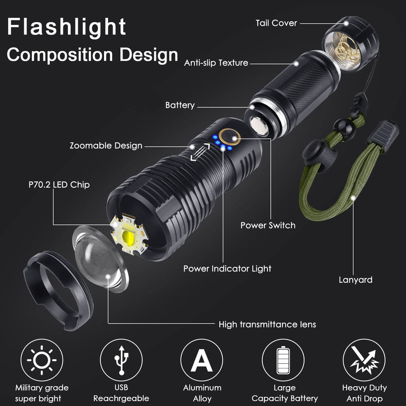 Rechargeable LED Flashlights, 90000 High Lumens Flashlight, XHP70 Tactical Flashlight with Zoomable, 5 Modes, Military Grade Waterproof Super Bright Flashlights for Emergencies, Camping, Hiking FM