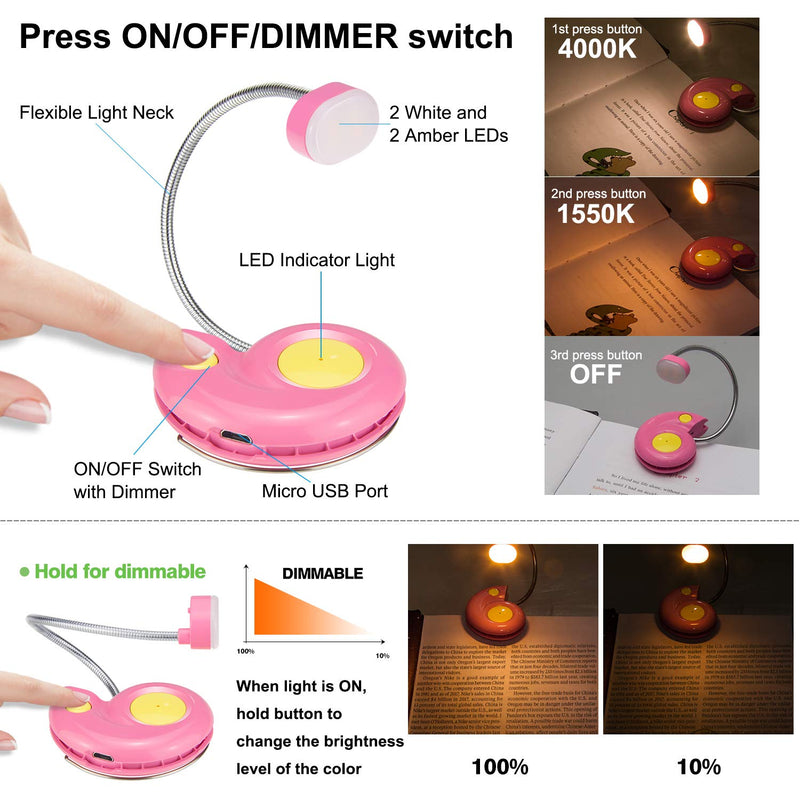 LUXSWAY Rechargeable Reading Book Light for Kids,LED Reading Light for Books in Bed,Amber Book Light with Magnetic,Clip-On Book Light with Flexible Gooseneck,Cute Bookmark Light for Bookworms-Pink Pink