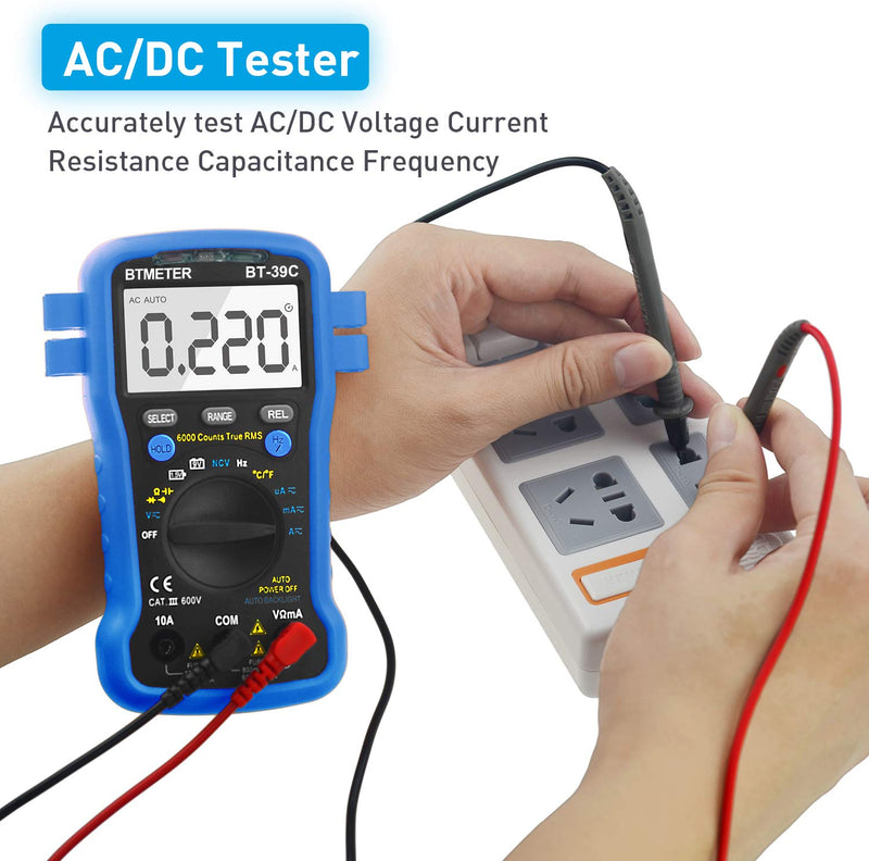BTMETER BT-39C True RMS Multimeter, Auto Range Digital Avometer 6000 Counts Accurate Measures AC/DC Amps, Volts, Ohms, Capacitance,Frequency with Auto Backlight, NCV Temp Test BT-39C W/ Temp Measurement (BLUE)