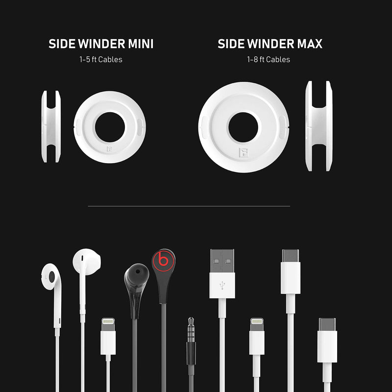 Side Winder Mini and Max Headphone and cable winder and organizer perfect for wrapping earbuds and cords for travel and organization (Max, White)