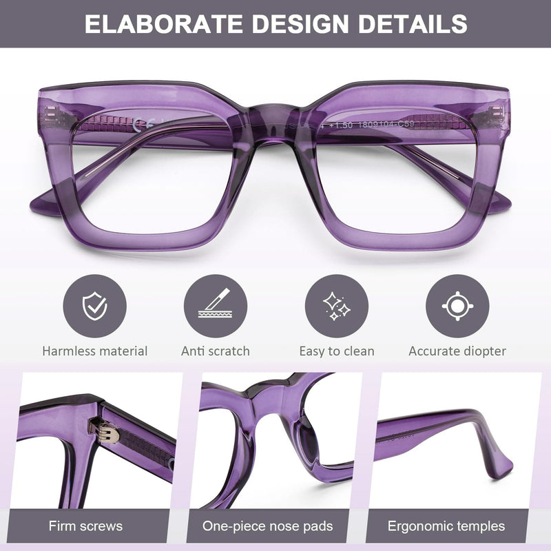 AQWANO Reading Glasses Women Square Computer Readers Stylish Designer Blue Light Block Anti Glare UV Ray Filter Eyeglasses, Purple 2.75 2.75 x