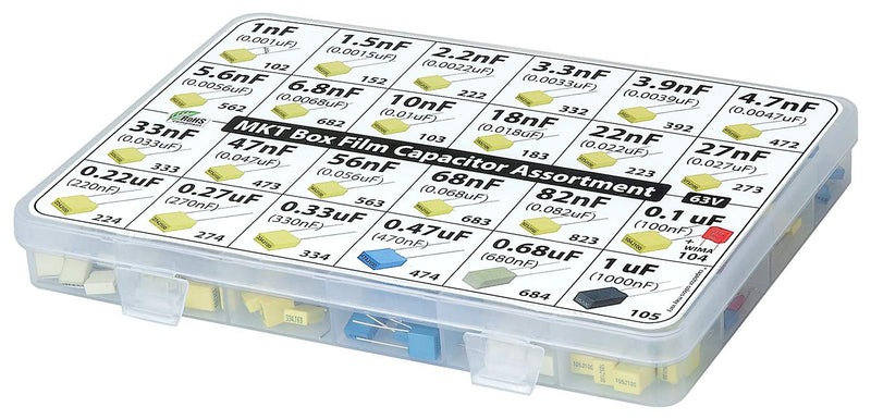 MKT polyester capacitor assortment box, 235 pieces film capacitor, 24 values, 63 volts, radial, 5mm, 1nF 0.01, 0.1 to 1uF