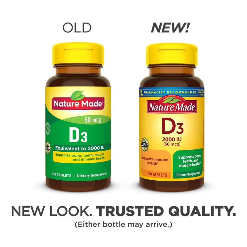 Nature Made Vitamin D3, 100 Tablets, Vitamin D 2000 IU (50 mcg) Helps Support Immune Health, Strong Bones and Teeth, & Muscle Function, 250% of the Daily Value for Vitamin D in One Daily Tablet 100 Count (Pack of 1)