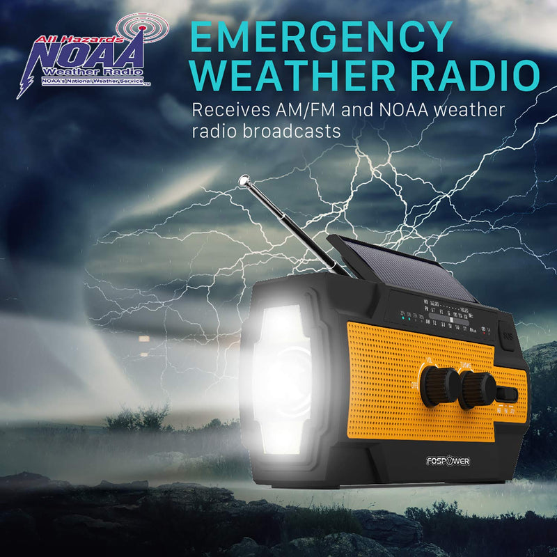 FosPower 4000mAh NOAA Emergency Weather Radio (Model A3) Portable Power Bank, Solar Charging, Hand Crank & Battery Operated, SOS Alarm, Motion Sensor Setting, AM/FM & Flashlight for Outdoor Emergency Orange