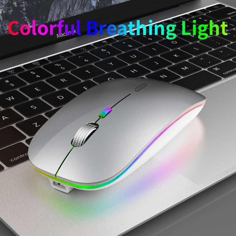 LED Wireless Mouse, Uiosmuph G12 Slim Rechargeable Wireless Silent Mouse, 2.4G Portable USB Optical Wireless Computer Mice with USB Receiver and Type C Adapter (Silver) Silver