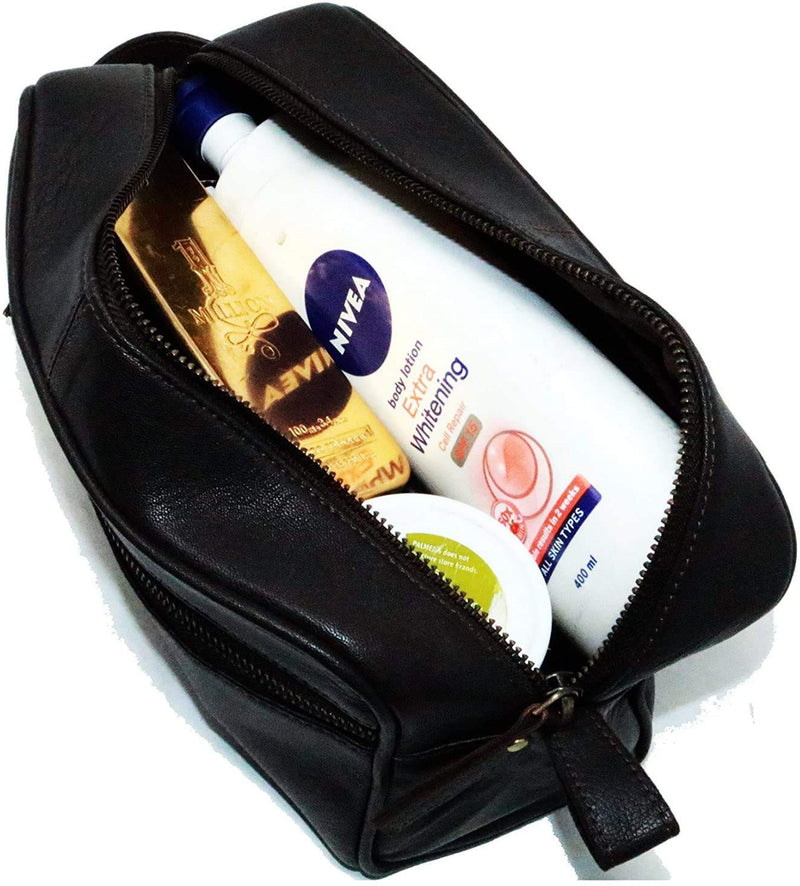 Men's Genuine Leather Toiletry Bag Waterproof Dopp Kit Shaving Bags And Grooming For Travel Groomsmen Gift Men Women Hanging Zippered Makeup Bathroom Cosmetic Pouch Case Make Up kit