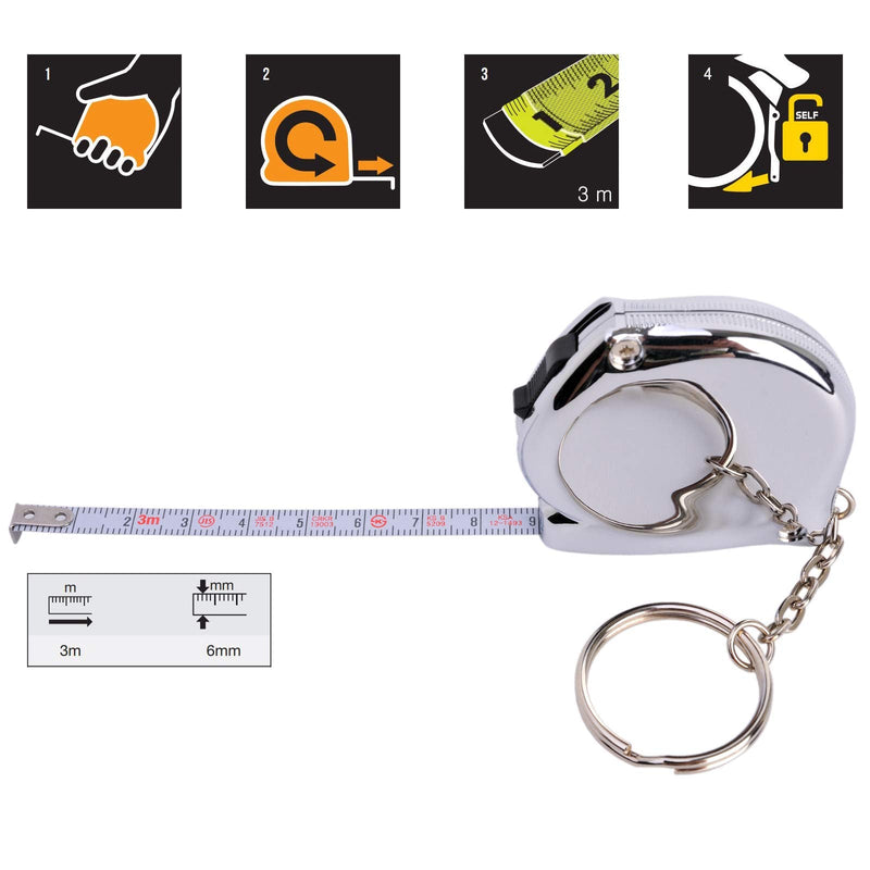 KOMELON KMC-74K Pro Easy Chrome Case Tape Measure 3m x 6mm Metric Rulers Key Chain Key-Ring with Carabiner Clip Accessory
